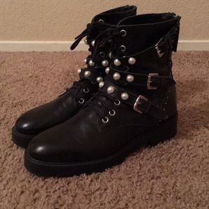 Zara Black Leather Pearl Studded Ankle Boots